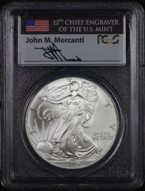 Obverse of this 2004 Silver Eagle PCGS MS-70 John M. Mercanti Signature First Strike