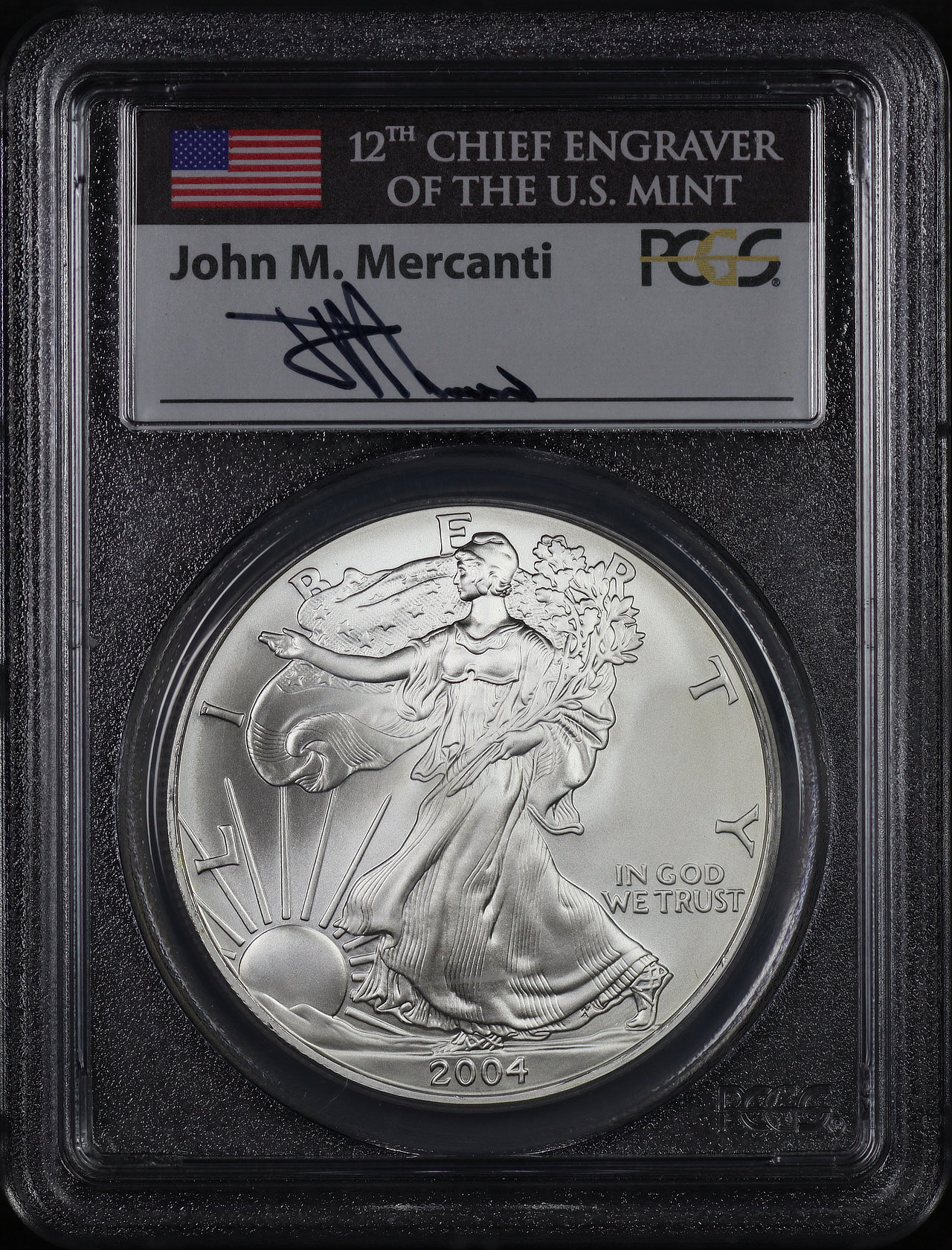 Obverse of this 2004 Silver Eagle PCGS MS-70 John M. Mercanti Signature First Strike