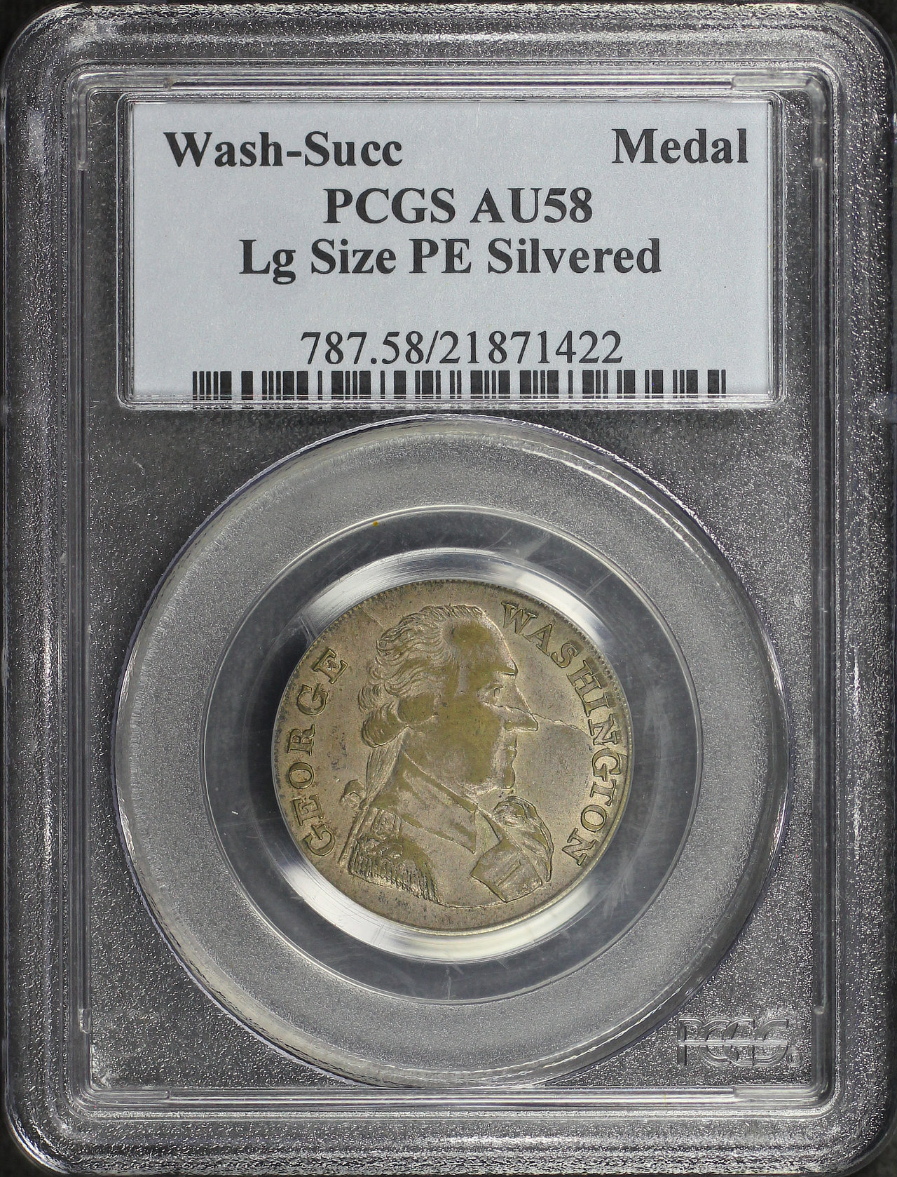 Obverse of this George Washington Success Medal Large Size, Plain Edge Silvered PCGS AU-58