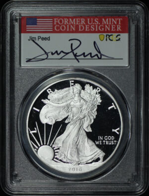 Obverse of this 2016-W (2019) Silver Eagle 30th Anniversary Lettered Edge PCGS PR-70 DCAM West Point Mint Hoard Jim Peed Signature Label 