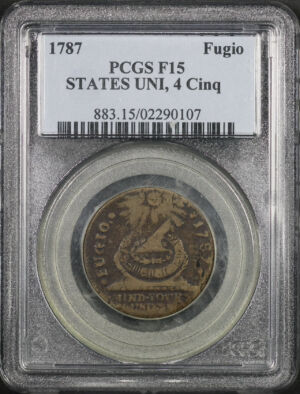Obverse of this 1787 Fugio Cents States United 4 Cinquefoils PCGS F-15 BN Newman 9-5 W-6765