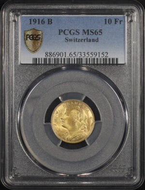 Obverse of this 1916-B Switzerland Gold 10 Francs KM-36 PCGS MS-65