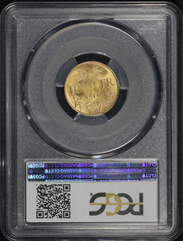 Reverse of this 1916 Switzerland Gold 10 Francs KM-36 PCGS MS-65