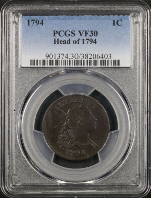 Obverse of this 1794 Flowing Hair Large Cent Head of PCGS VF-30 BN