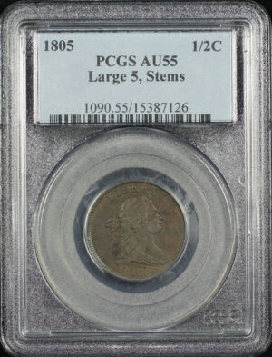 Obverse of this 1805 Draped Bust Half Cent Large 5 with Stems PCGS AU-55 BN
