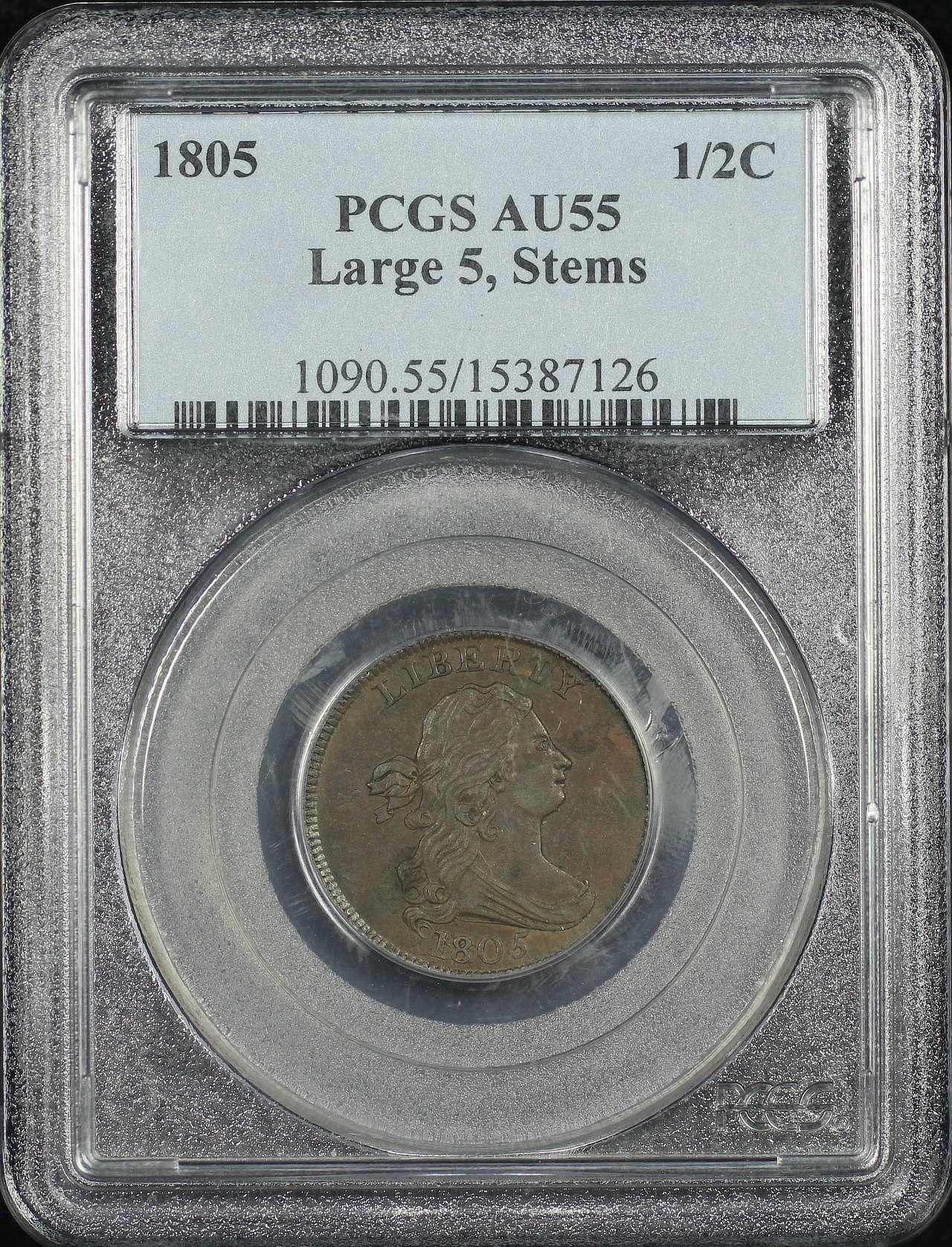 Obverse of this 1805 Draped Bust Half Cent Large 5 with Stems PCGS AU-55 BN