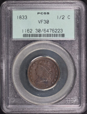 Obverse of this 1833 Classic Head Half Cent PCGS VF-30 BN Old Green Holder