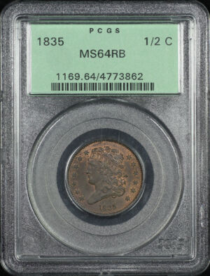 Obverse of this 1835 Classic Head Half Cent PCGS MS-64 RB Old Green Holder