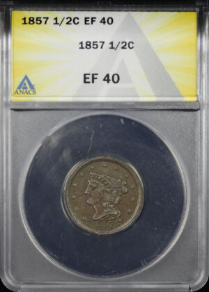 Obverse of this 1857 Braided Hair Half Cent ANACS EF-40