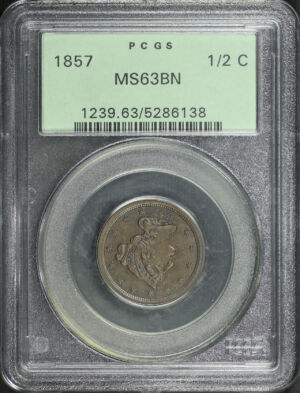 Obverse of this 1857 Braided Hair Half Cent PCGS MS-63 BN Old Green Holder