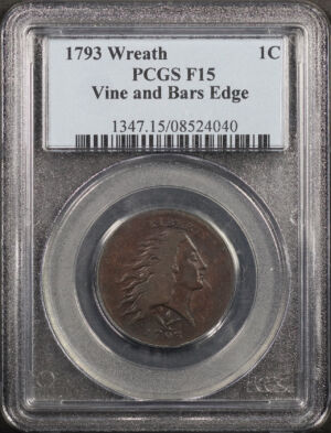 Obverse of this 1793 Flowing Hair Large Cent Wreath, Vine and Bars PCGS F-15 BN