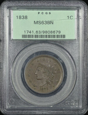 Obverse of this 1838 Coronet Head Cent PCGS MS-63 BN Old Green Holder