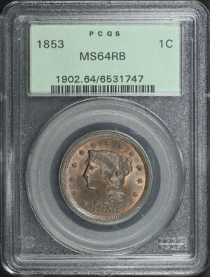 Obverse of this 1853 Braided Hair Cent PCGS MS-64 RB Old Green Holder