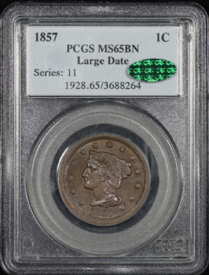 Obverse of this 1857 Braided Hair Cent Large Date PCGS MS-65 BN