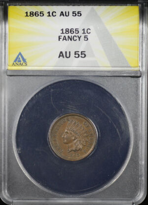 Obverse of this 1865 Fancy 5 Indian Cent ANACS AU-55