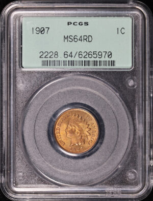 Obverse of this 1907 Indian Head Cent PCGS MS-64 RD Old Green Gasket Holder