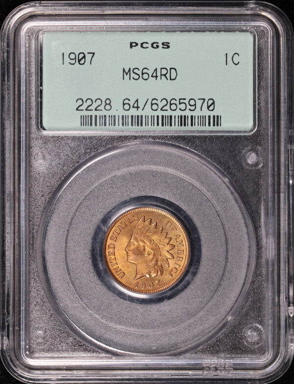 Obverse of this 1907 Indian Head Cent PCGS MS-64 RD Old Green Gasket Holder