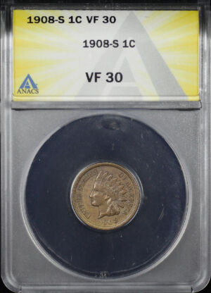 Obverse of this 1908-S Indian Cent ANACS VF-30