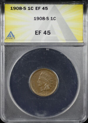 Obverse of this 1908-S Indian Cent ANACS EF-45