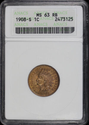 Obverse of this 1908-S Indian Cent ANACS MS-63 RB