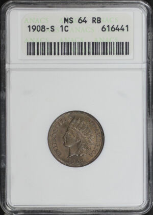 Obverse of this 1908-S Indian Cent ANACS MS-64 RB