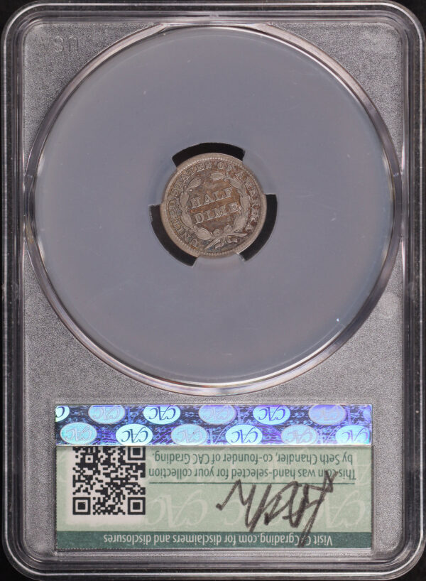 Reverse of this 1848 RPD Medium Date Liberty Seated Half Dime FS-302 CACG VF-25 Witterbrick Seth Chandler Signature Label