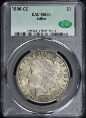 Obverse of this 1890-CC Morgan Dollar Tailbar CACG MS-61