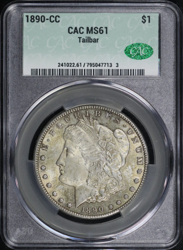 Obverse of this 1890-CC Morgan Dollar Tailbar CACG MS-61