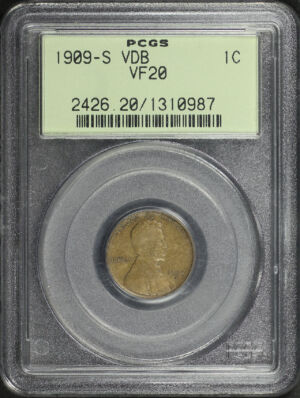Obverse of this 1909-S VDB Lincoln Cent Wheat Reverse PCGS VF-20 BN Old Green Holder