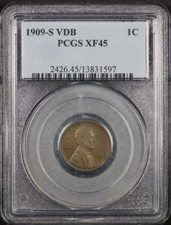 Obverse of this 1909-S VDB Lincoln Cent Wheat Reverse PCGS XF-45 BN