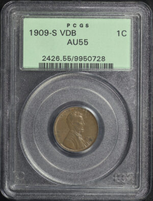Obverse of this 1909-S VDB Lincoln Cent Wheat Reverse PCGS AU-55 BN Old Green Holder