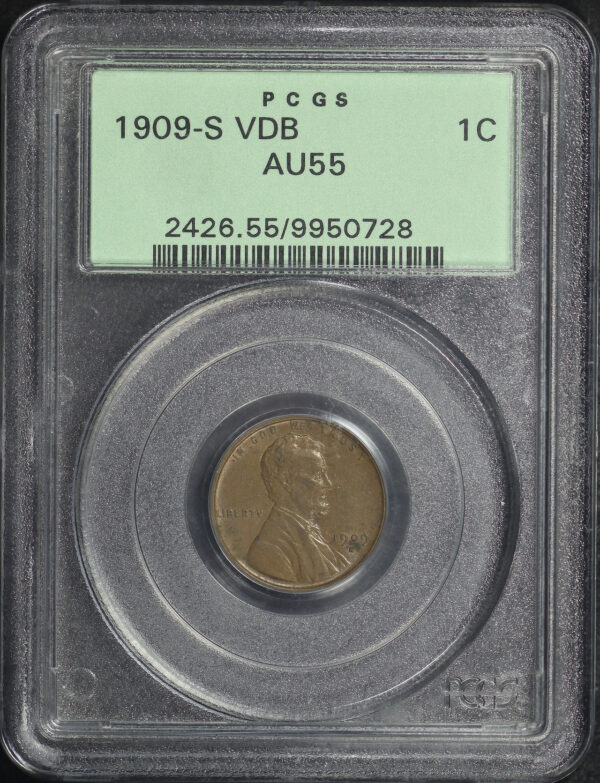 Obverse of this 1909-S VDB Lincoln Cent Wheat Reverse PCGS AU-55 BN Old Green Holder