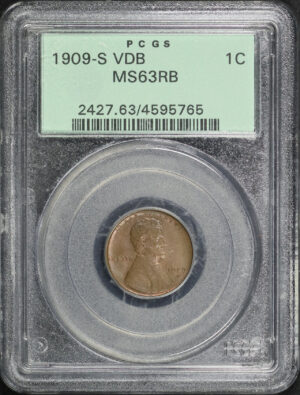 Obverse of this 1909-S VDB Lincoln Cent Wheat Reverse PCGS MS-63 RB Old Green Holder 