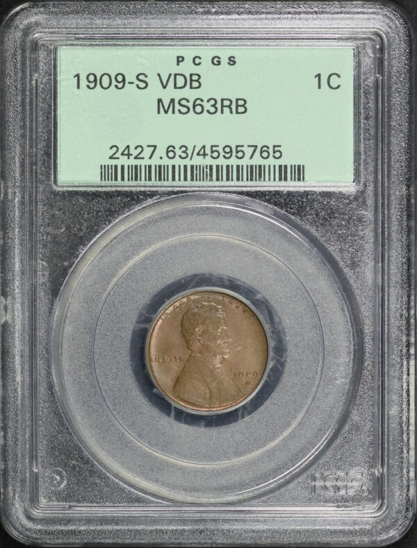 Obverse of this 1909-S VDB Lincoln Cent Wheat Reverse PCGS MS-63 RB Old Green Holder 