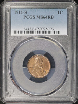 Obverse of this 1911-S Lincoln Cent Wheat Reverse PCGS MS-64 RB