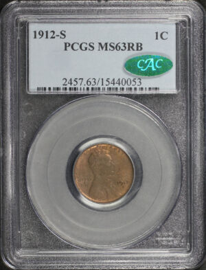 Obverse of this 1912-S Lincoln Cent Wheat Reverse PCGS MS-63 RB CAC