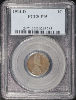 Obverse of this 1914-D Lincoln Cent Wheat Reverse PCGS F-15 BN