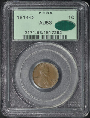 Obverse of this 1914-D Lincoln Cent Wheat Reverse PCGS AU-53 BN CAC Old Green Holder
