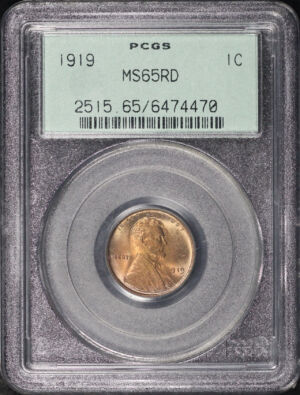 Obverse of this 1919 Lincoln Cent Wheat Reverse PCGS MS-65 RD Old Green Holder designed by Victor David Brenner.