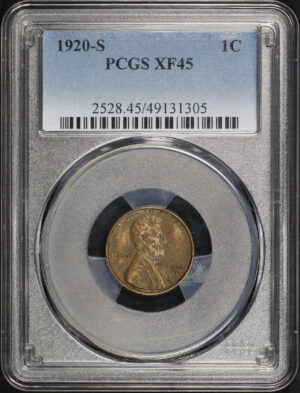 Obverse of this 1920-S Lincoln Cent Wheat Reverse PCGS XF-45 BN