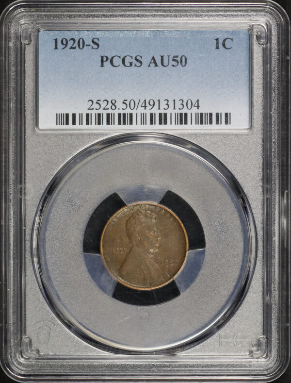 Obverse of this 1920-S Lincoln Cent Wheat Reverse PCGS AU-50 BN