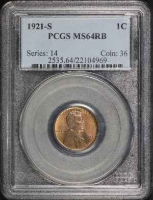 Obverse of this 1921-S Lincoln Cent Wheat Reverse PCGS MS-64 RB
