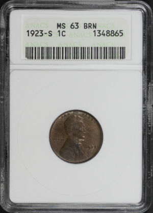 Obverse of this 1923-S Lincoln Cent Wheat Reverse ANACS MS-63 BN