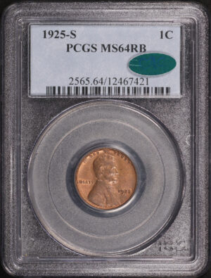 Obverse of this 1925-S Lincoln Cent Wheat Reverse PCGS MS-64 RB CAC
