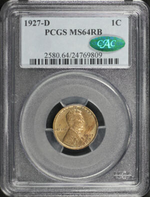 Obverse of this 1927-D Lincoln Cent Wheat Reverse PCGS MS-64 RB CAC