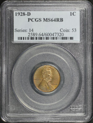Obverse of this 1928-D Lincoln Cent Wheat Reverse PCGS MS-64 RB