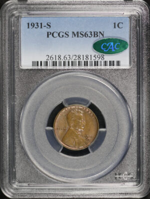 Obverse of this 1931-S Lincoln Cent Wheat Reverse PCGS MS-63 BN CAC