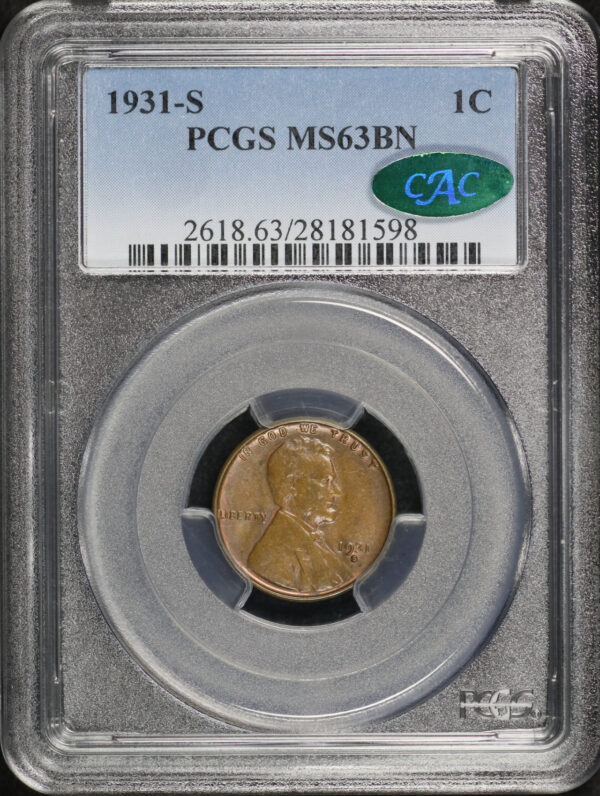 Obverse of this 1931-S Lincoln Cent Wheat Reverse PCGS MS-63 BN CAC