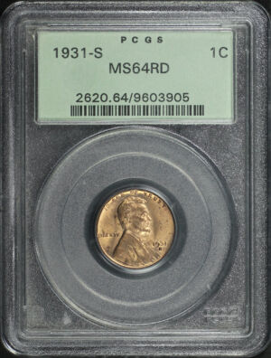 Obverse of this 1931-S Lincoln Cent Wheat Reverse PCGS MS-64 RD Old Green Holder