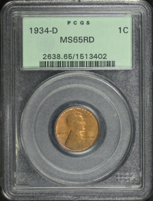 Obverse of this 1934-D Lincoln Cent Wheat Reverse PCGS MS-65 RD Old Green Holder